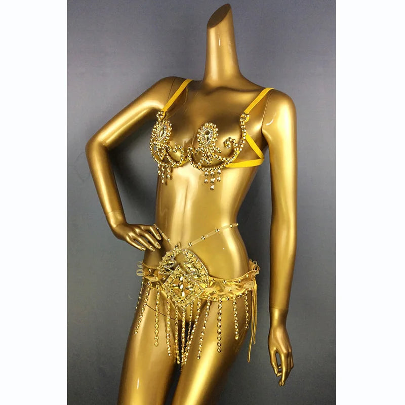 Sparkly Samba Carnival Rainbow Stone Wire Bra & Belt Two-Piece Costume Set