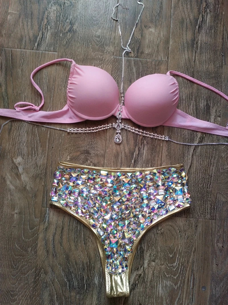 Geometric Rhinestone Cage Harness Set – Shimmering Crystal Performance Bra & Belt Set for GoGo Dancers, Festivals & Raves