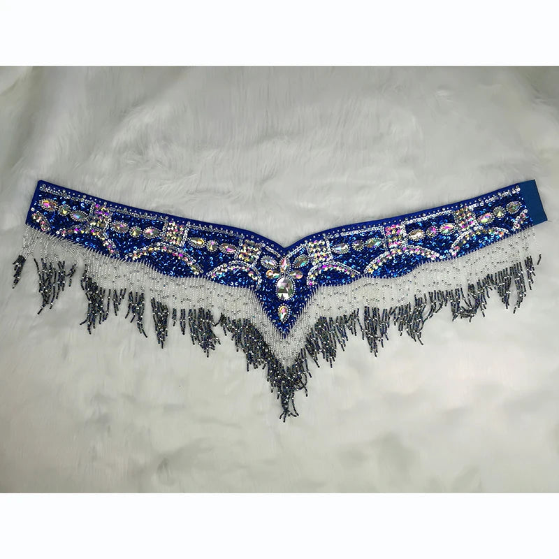 Sparkly Sequin Belly Dance Hip Scarf Wrap Belt with Beaded Tassel Waist Chain