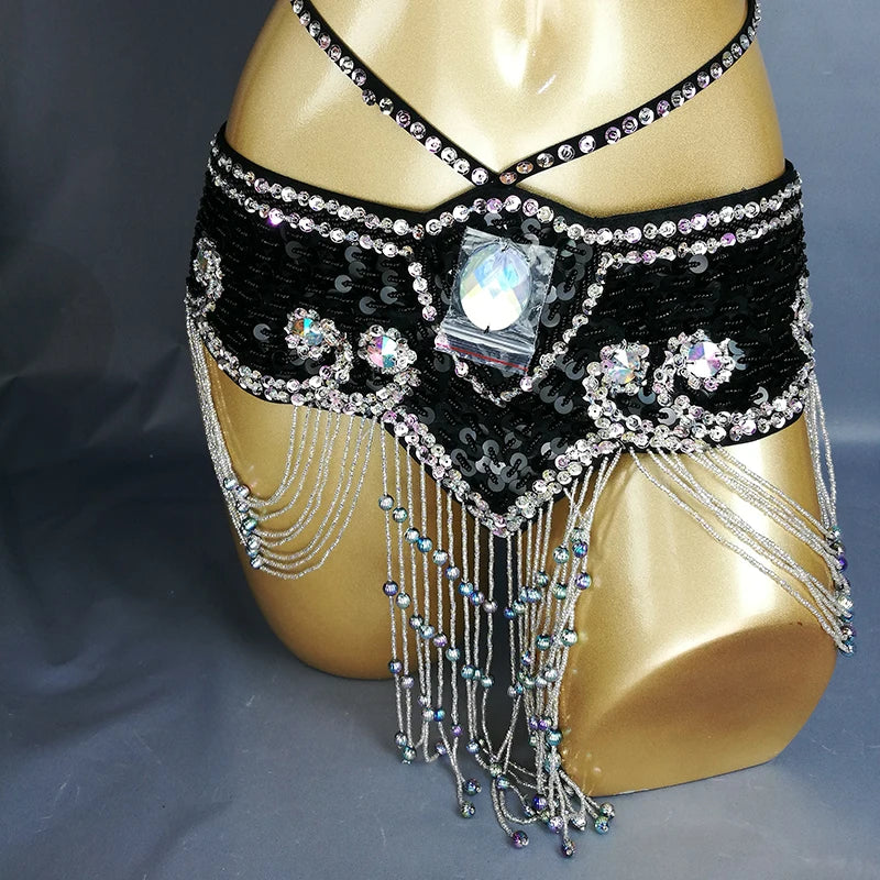 Sparkly Sequin Belly Dance Hip Scarf Wrap Belt with Beaded Tassel Waist Chain