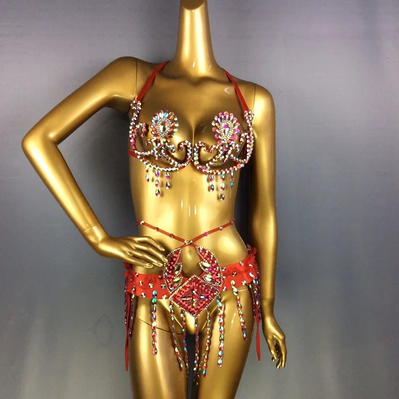 Sparkly Samba Carnival Rainbow Stone Wire Bra & Belt Two-Piece Costume Set