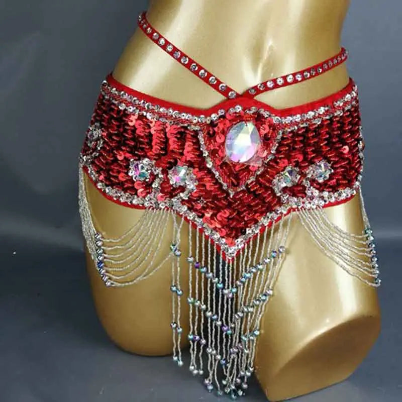 Sparkly Sequin Belly Dance Hip Scarf Wrap Belt with Beaded Tassel Waist Chain
