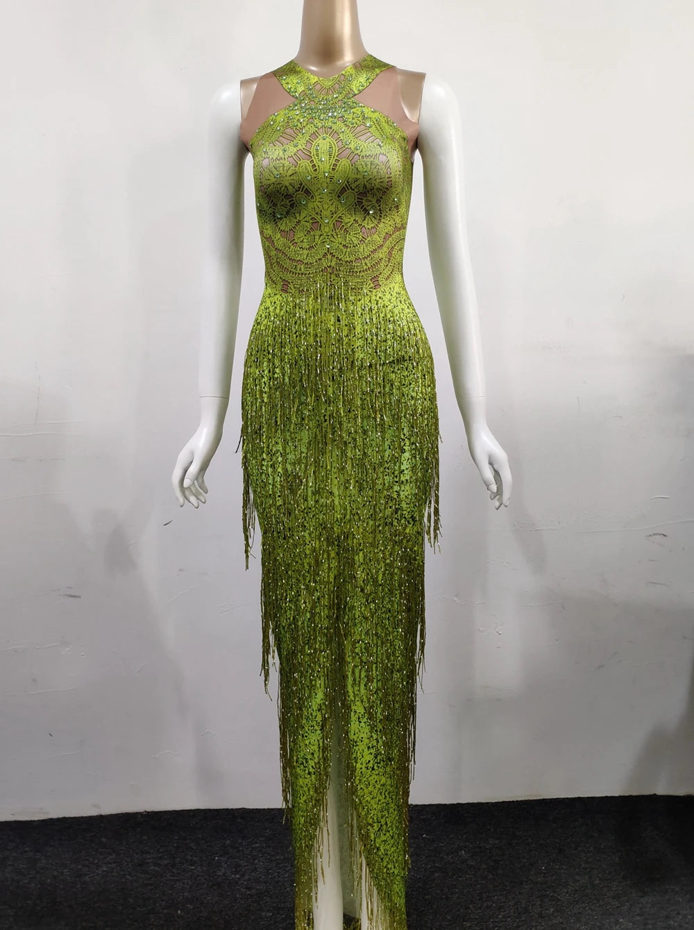 Sparkly Lime Green Rhinestone & Tassel Fringe Bodycon Dress Stage Performance Costume