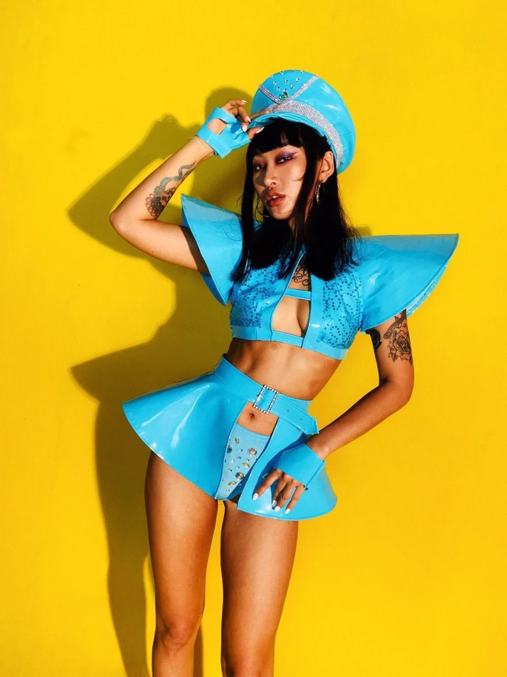 Sky Blue Armor Crop Top, Flared Skirt, Hat & Wrist Cuffs 4-Piece Stage Costume Set