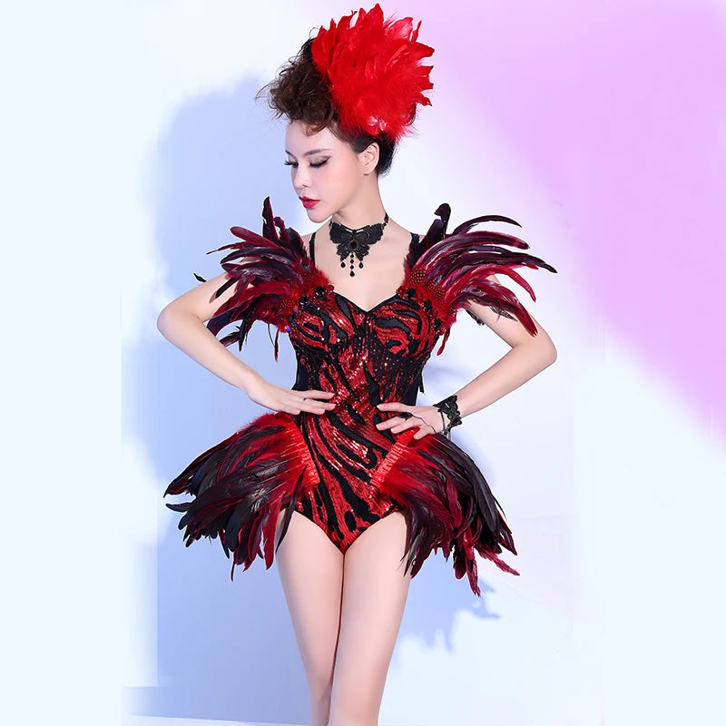 Scarlet Cabaret Red Feather Bodysuit & Showgirl Headpiece Stage Costume Set