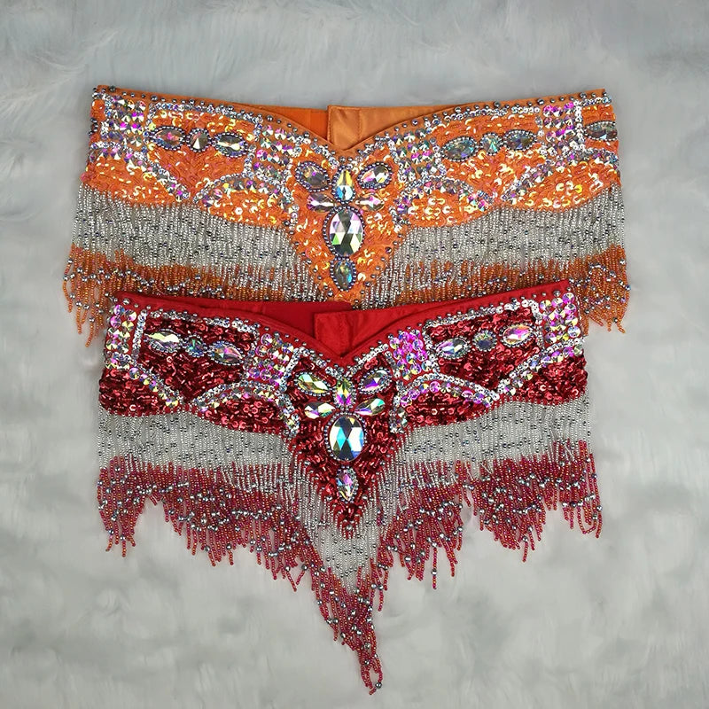 Sparkly Sequin Belly Dance Hip Scarf Wrap Belt with Beaded Tassel Waist Chain
