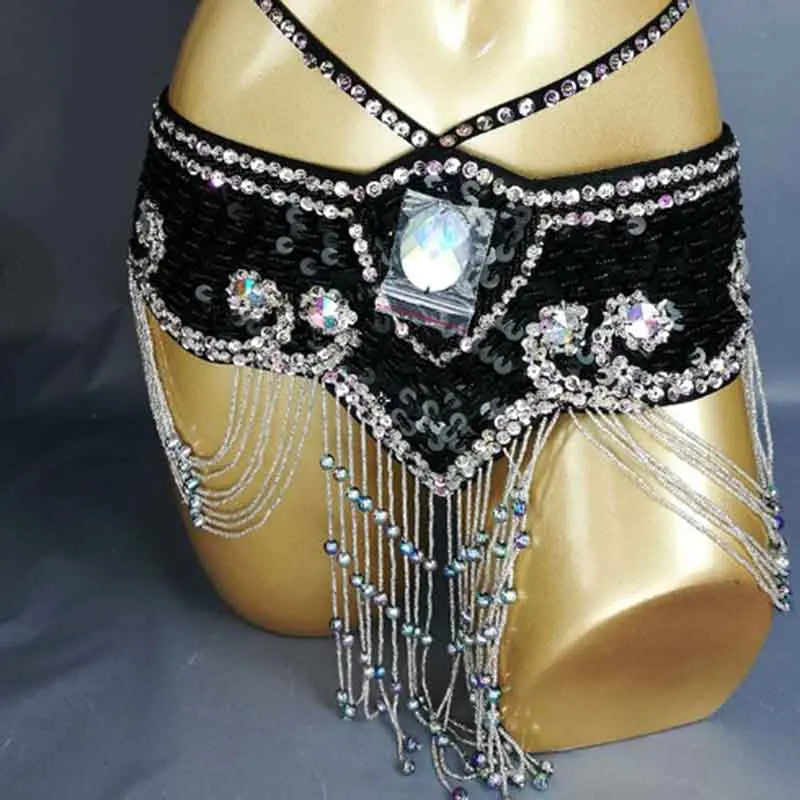 Sparkly Sequin Belly Dance Hip Scarf Wrap Belt with Beaded Tassel Waist Chain