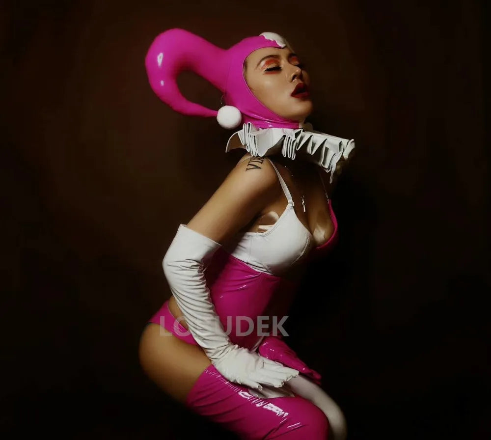 Pink Faux Leather Bikini, Furry Horns & Thigh-High Leg Covers 4-Piece Cosplay Stage Costume Set