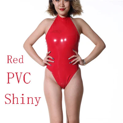 High Cut Halter Neck Shiny PVC & Matte Latex Stage Dance Bodysuit Costume