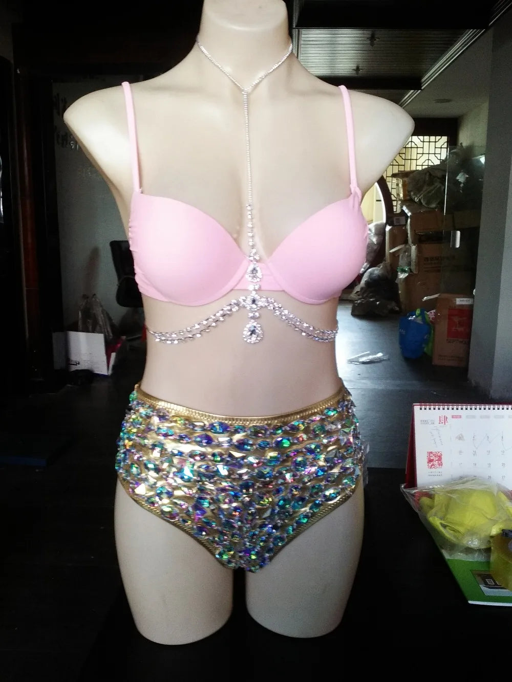 Geometric Rhinestone Cage Harness Set – Shimmering Crystal Performance Bra & Belt Set for GoGo Dancers, Festivals & Raves