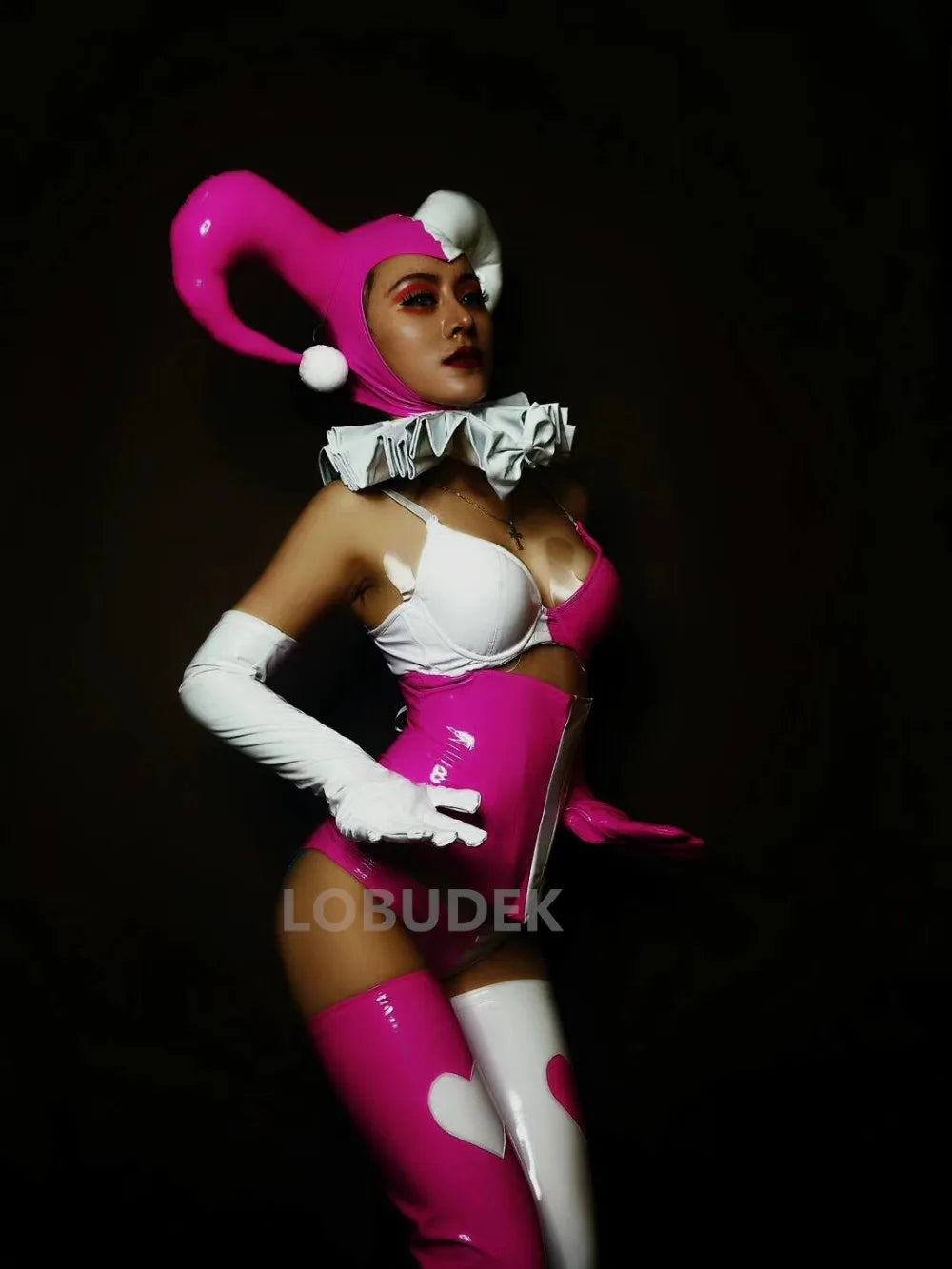 Pink Faux Leather Bikini, Furry Horns & Thigh-High Leg Covers 4-Piece Cosplay Stage Costume Set