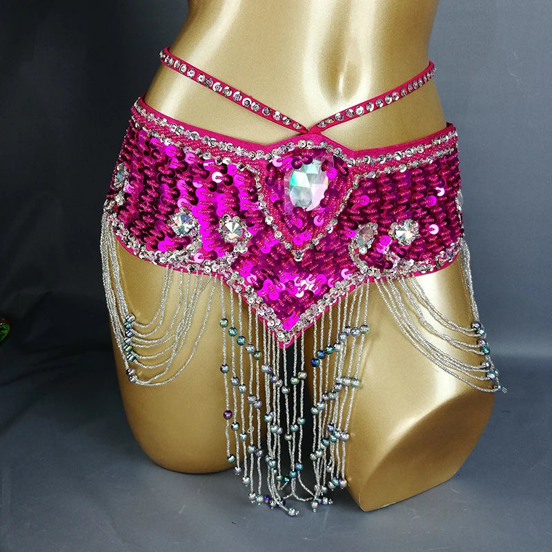 Sparkly Sequin Belly Dance Hip Scarf Wrap Belt with Beaded Tassel Waist Chain