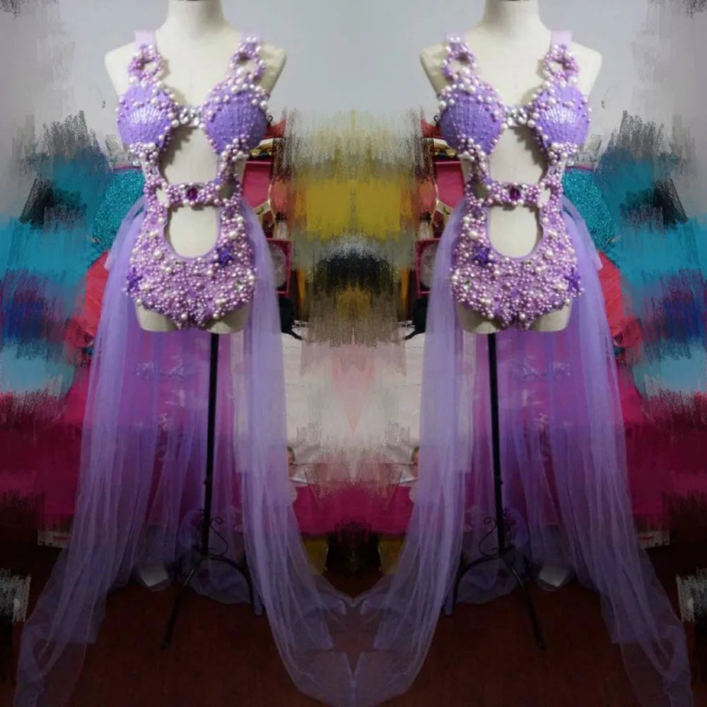 Purple Pearl Shell Crystal Bodysuit & Sheer Skirt 3-Piece Ocean Stage Costume Set