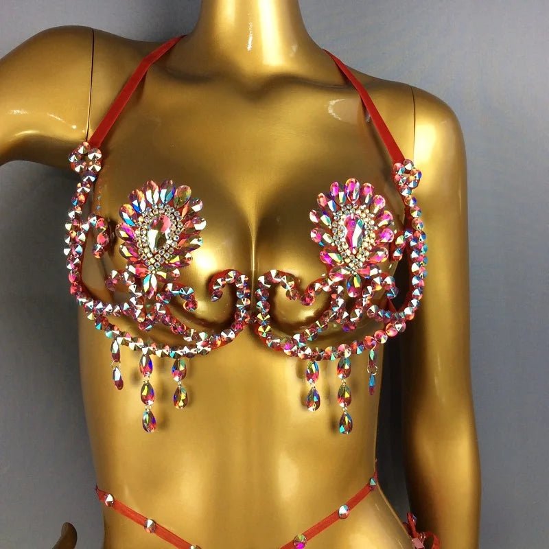 Sparkly Samba Carnival Rainbow Stone Wire Bra & Belt Two-Piece Costume Set
