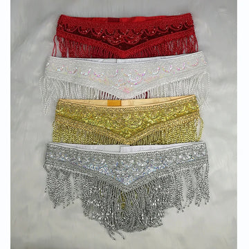 Sparkly Sequin Belly Dance Hip Scarf Wrap Belt with Beaded Tassel Waist Chain