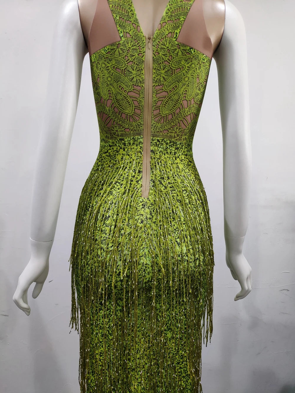 Sparkly Lime Green Rhinestone & Tassel Fringe Bodycon Dress Stage Performance Costume