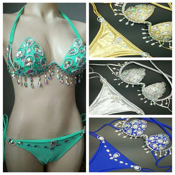 Sparkling Rhinestone Tassel Costume Bikini Set – Shimmering Crystal Fringe Bra & Belt Set for GoGo Dancers, Raves & Stage Performances