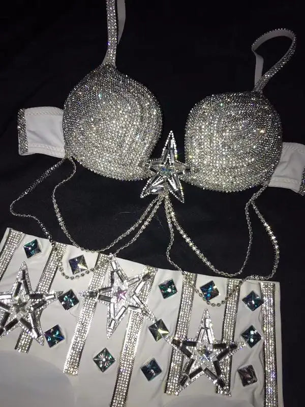 Rhinestone Crystal Bikini Rave Outfit – 2-Piece Sparkly Bra & Shorts Set for Festivals, Nightclubs & Stage Performance