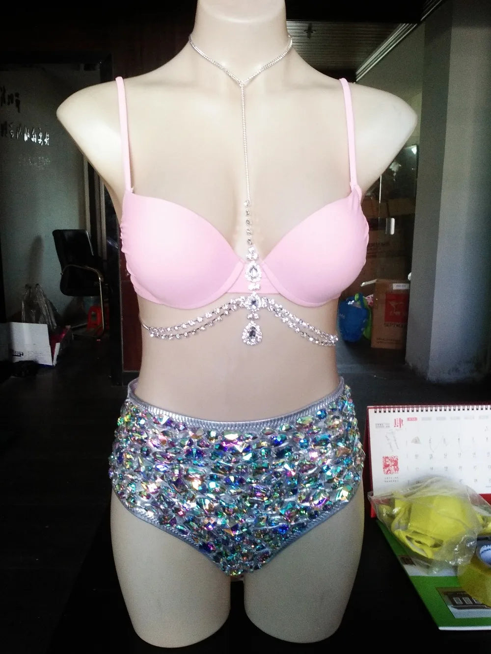 Geometric Rhinestone Cage Harness Set – Shimmering Crystal Performance Bra & Belt Set for GoGo Dancers, Festivals & Raves