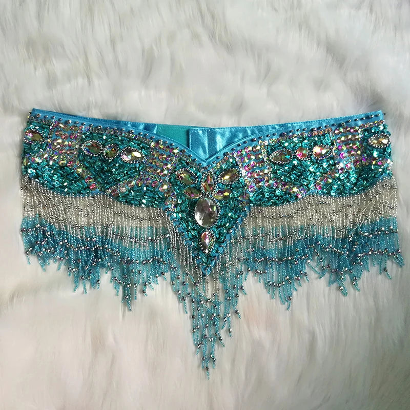 Sparkly Sequin Belly Dance Hip Scarf Wrap Belt with Beaded Tassel Waist Chain