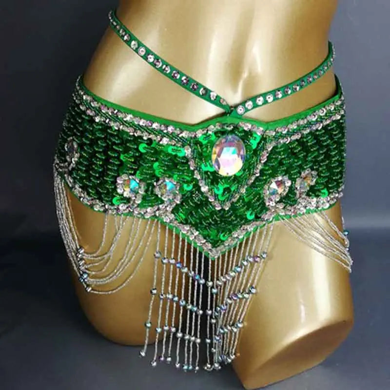 Sparkly Sequin Belly Dance Hip Scarf Wrap Belt with Beaded Tassel Waist Chain
