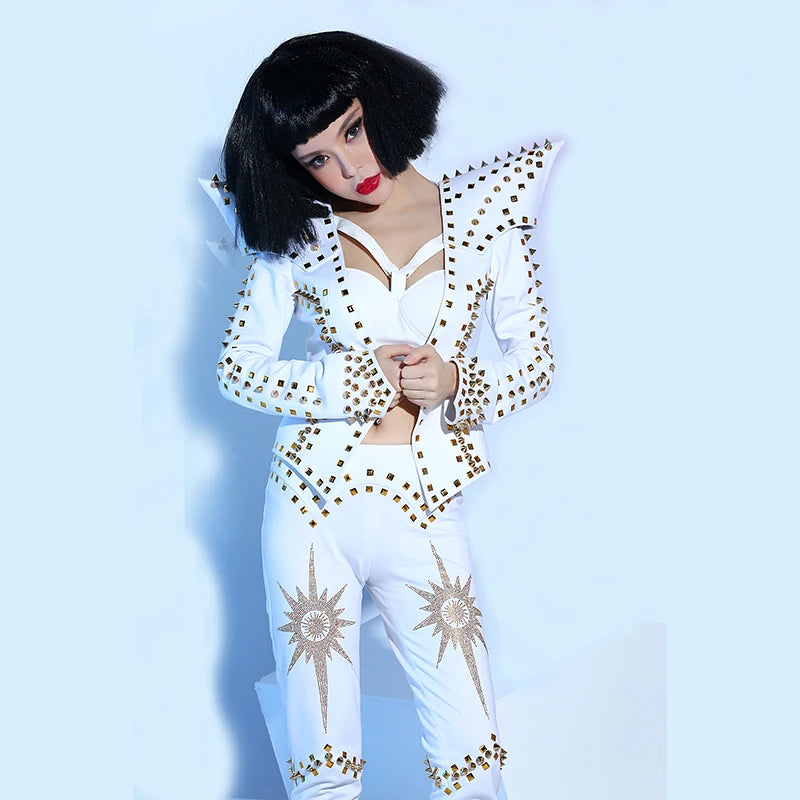 White Studded Punk Rivet Crop Jacket & Pants 2-Piece Singer Stage Costume Set
