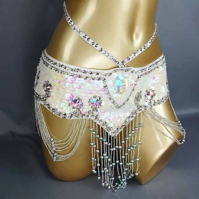 Sparkly Sequin Belly Dance Hip Scarf Wrap Belt with Beaded Tassel Waist Chain