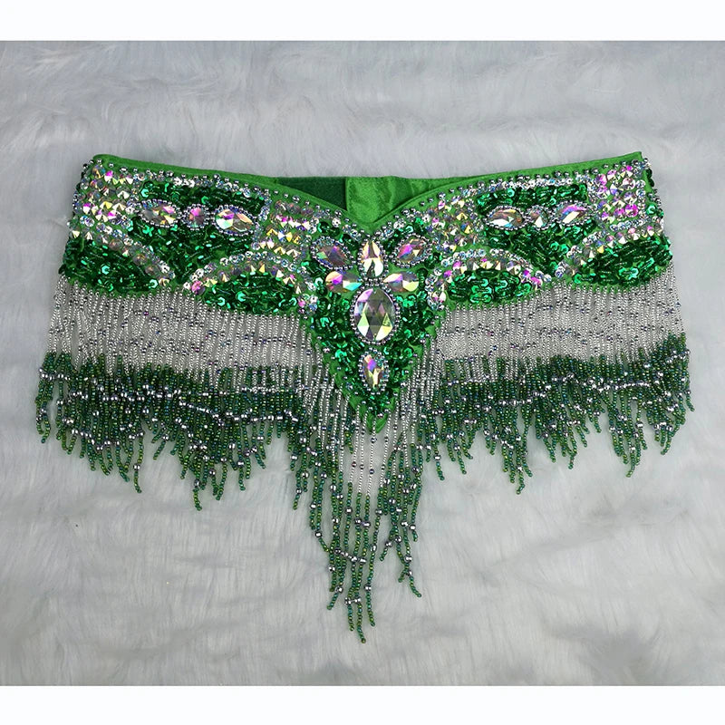 Sparkly Sequin Belly Dance Hip Scarf Wrap Belt with Beaded Tassel Waist Chain