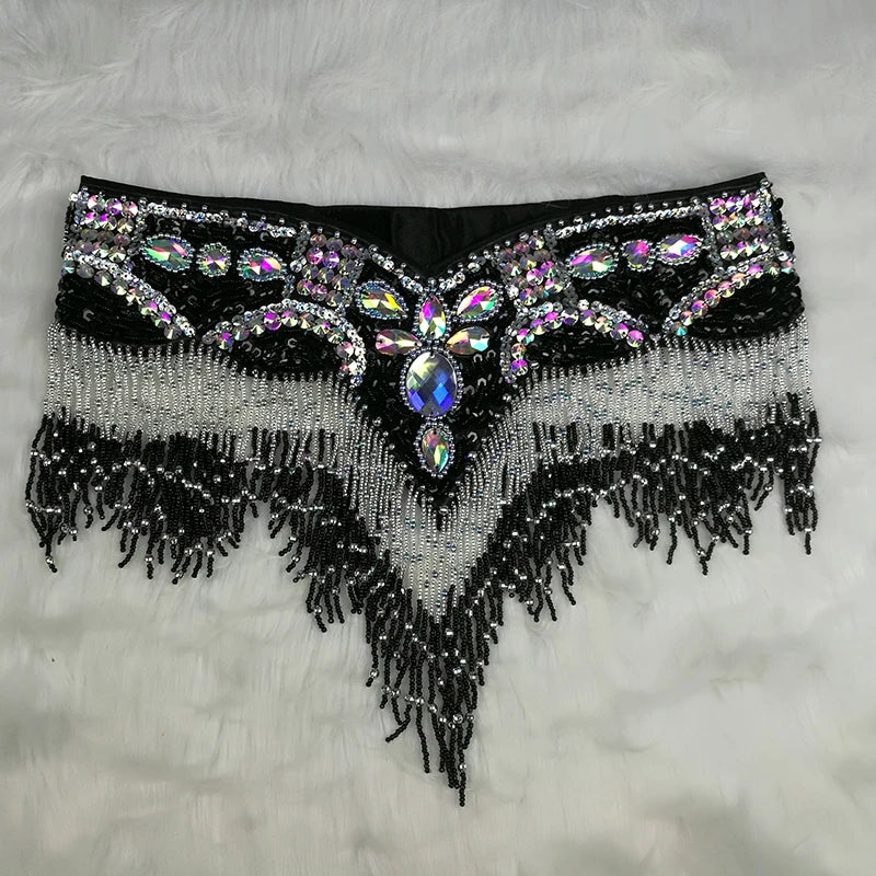 Sparkly Sequin Belly Dance Hip Scarf Wrap Belt with Beaded Tassel Waist Chain