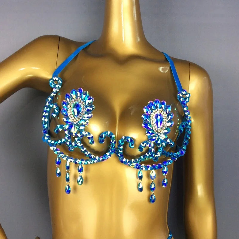 Sparkly Samba Carnival Rainbow Stone Wire Bra & Belt Two-Piece Costume Set