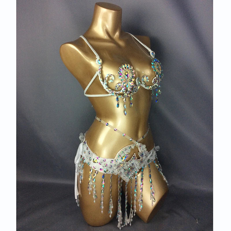 Sparkly Samba Carnival Rainbow Stone Wire Bra & Belt Two-Piece Costume Set