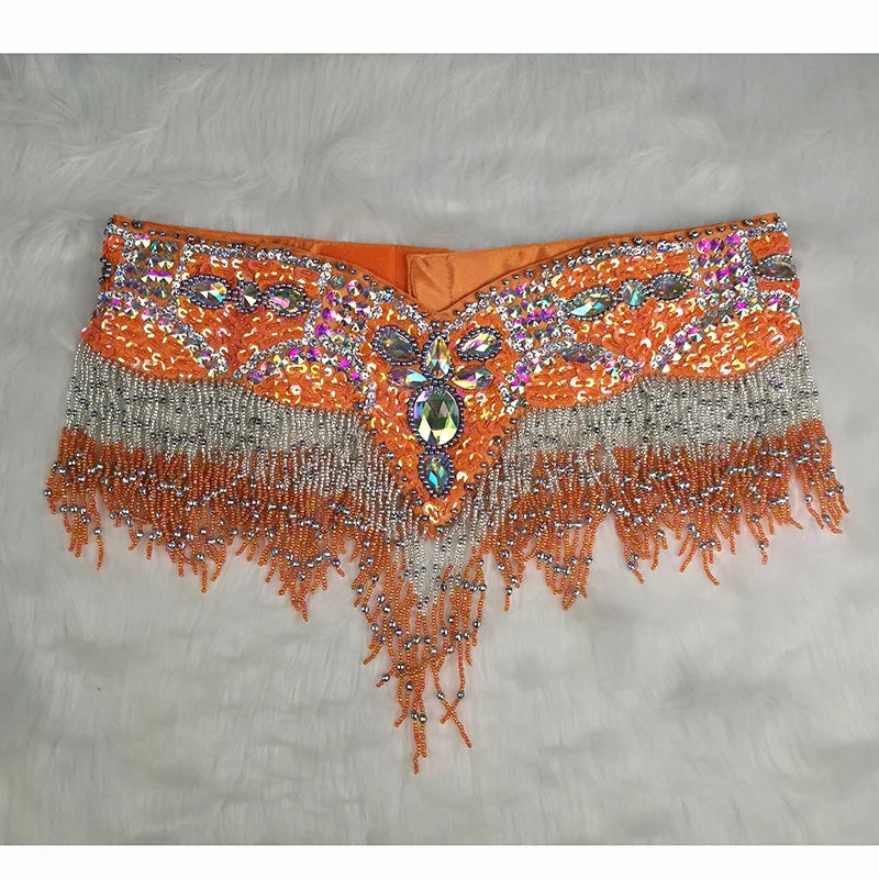 Sparkly Sequin Belly Dance Hip Scarf Wrap Belt with Beaded Tassel Waist Chain