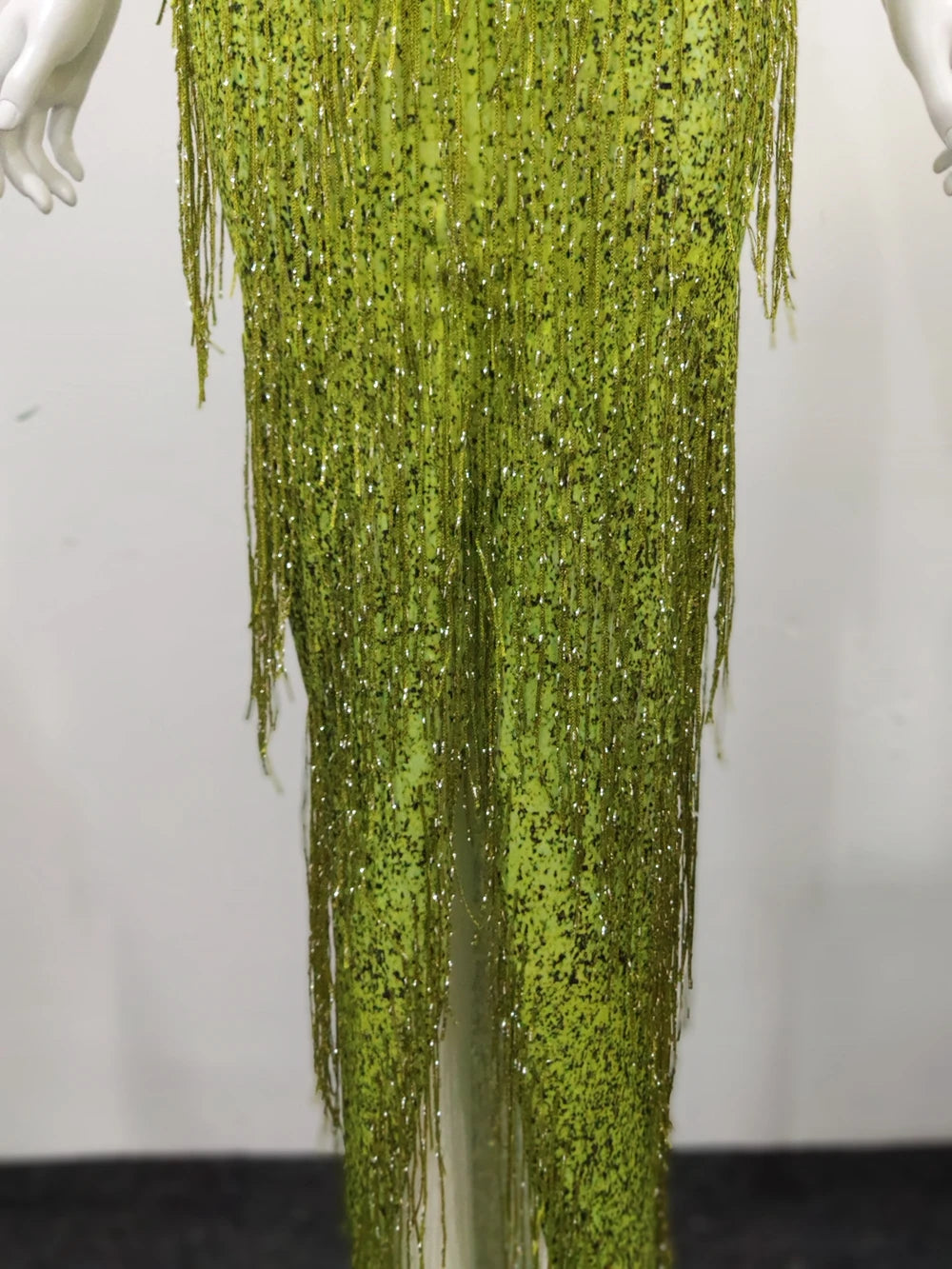 Sparkly Lime Green Rhinestone & Tassel Fringe Bodycon Dress Stage Performance Costume