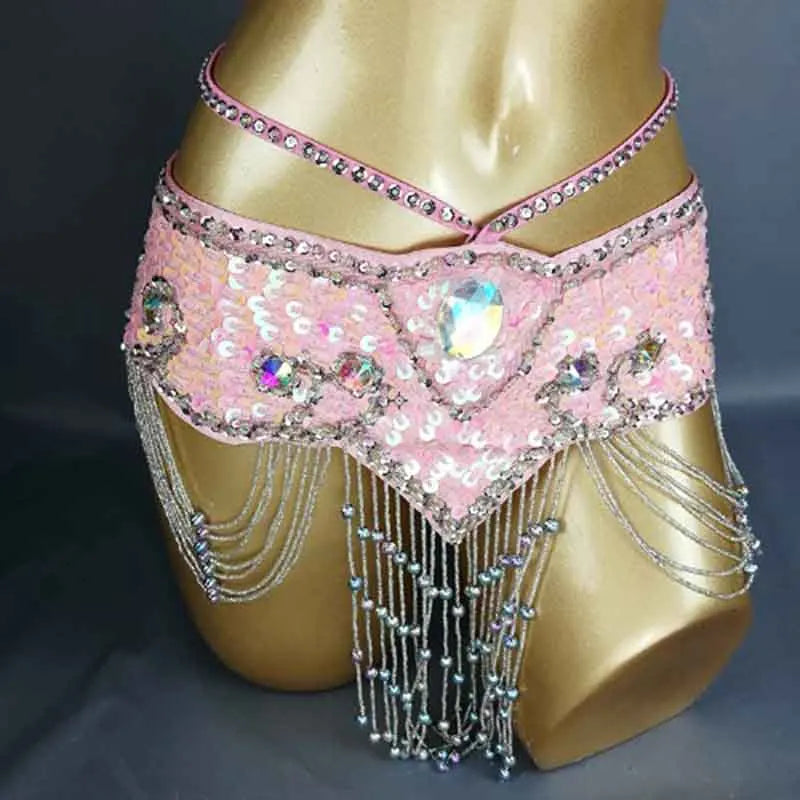 Sparkly Sequin Belly Dance Hip Scarf Wrap Belt with Beaded Tassel Waist Chain