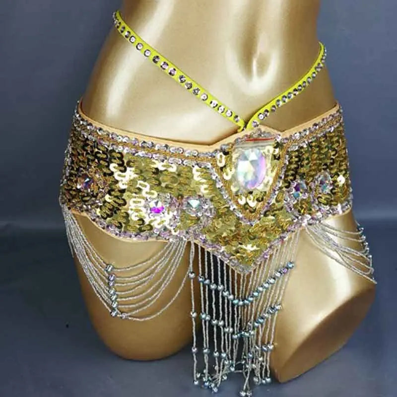 Sparkly Sequin Belly Dance Hip Scarf Wrap Belt with Beaded Tassel Waist Chain