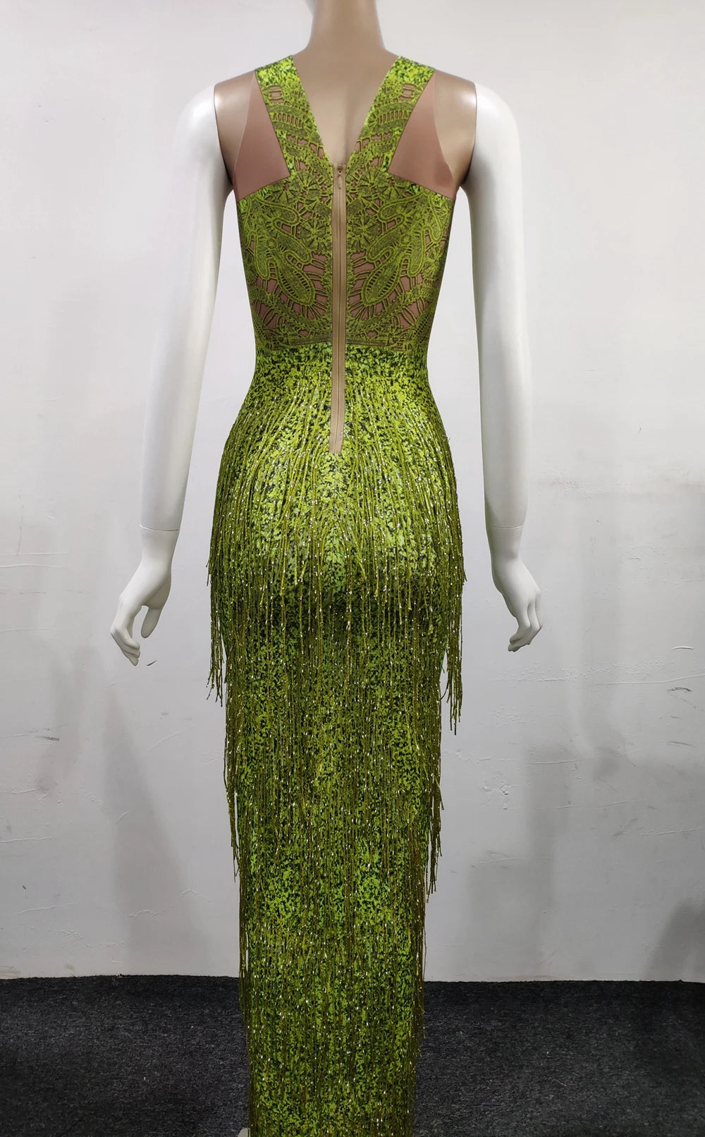 Sparkly Lime Green Rhinestone & Tassel Fringe Bodycon Dress Stage Performance Costume