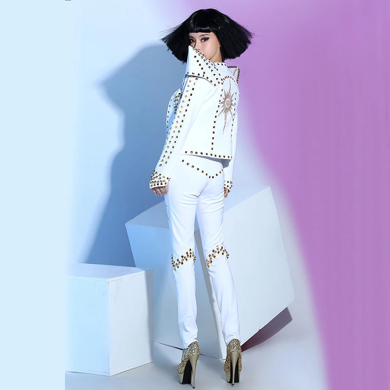 White Studded Punk Rivet Crop Jacket & Pants 2-Piece Singer Stage Costume Set