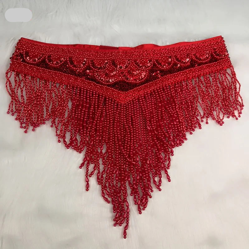 Sparkly Sequin Belly Dance Hip Scarf Wrap Belt with Beaded Tassel Waist Chain