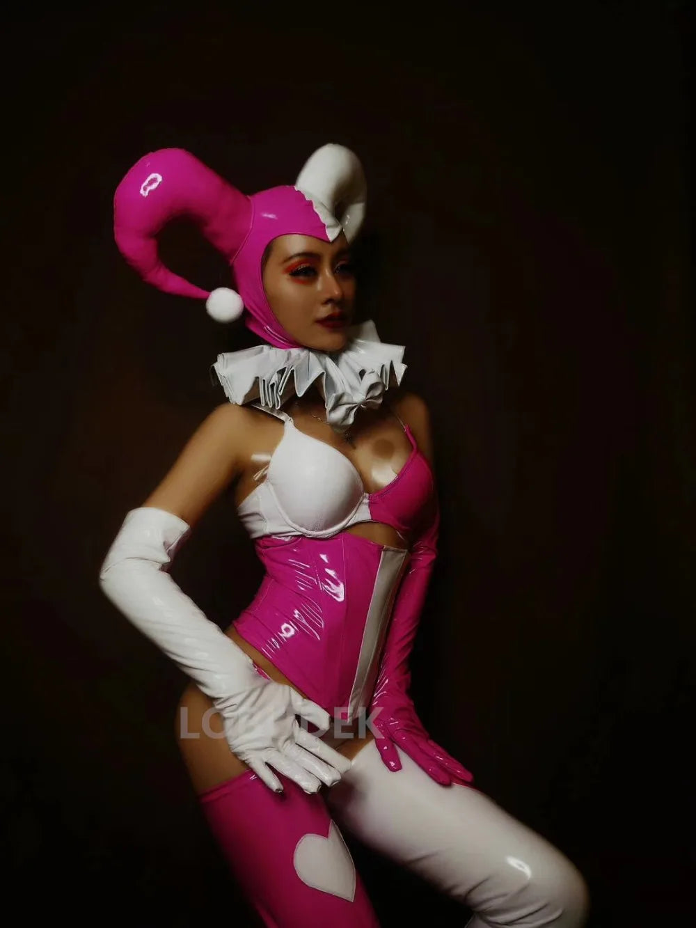 Pink Faux Leather Bikini, Furry Horns & Thigh-High Leg Covers 4-Piece Cosplay Stage Costume Set