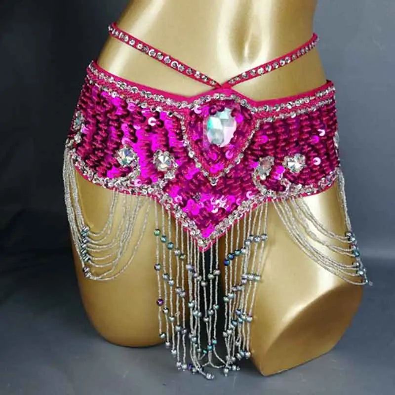 Sparkly Sequin Belly Dance Hip Scarf Wrap Belt with Beaded Tassel Waist Chain