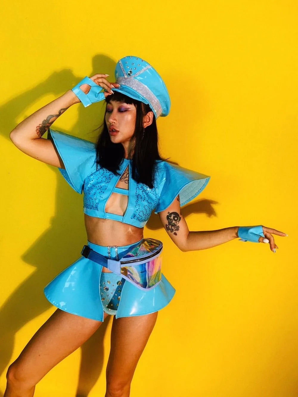 Sky Blue Armor Crop Top, Flared Skirt, Hat & Wrist Cuffs 4-Piece Stage Costume Set