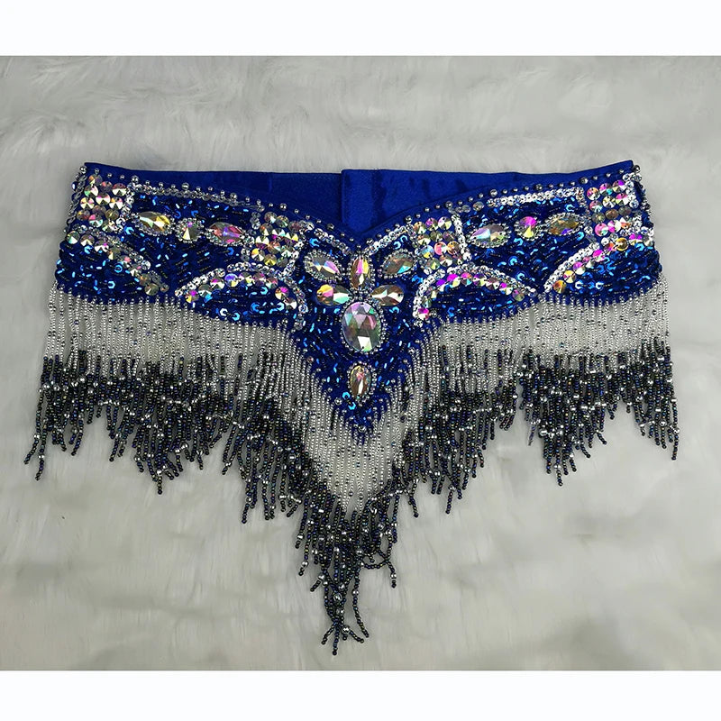Sparkly Sequin Belly Dance Hip Scarf Wrap Belt with Beaded Tassel Waist Chain