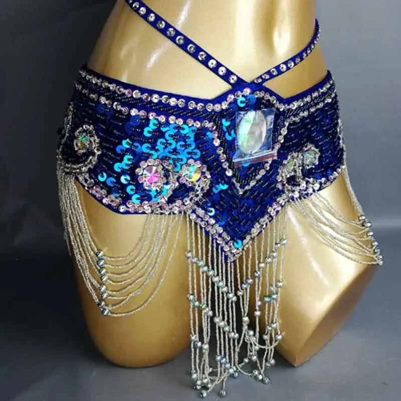 Sparkly Sequin Belly Dance Hip Scarf Wrap Belt with Beaded Tassel Waist Chain
