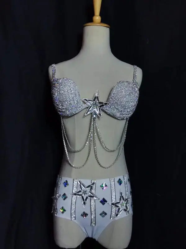 Rhinestone Crystal Bikini Rave Outfit – 2-Piece Sparkly Bra & Shorts Set for Festivals, Nightclubs & Stage Performance