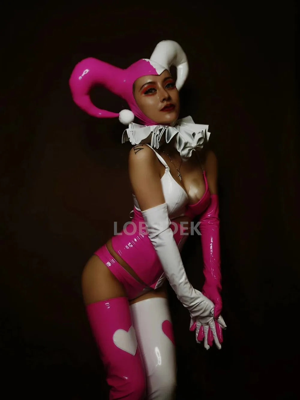 Pink Faux Leather Bikini, Furry Horns & Thigh-High Leg Covers 4-Piece Cosplay Stage Costume Set