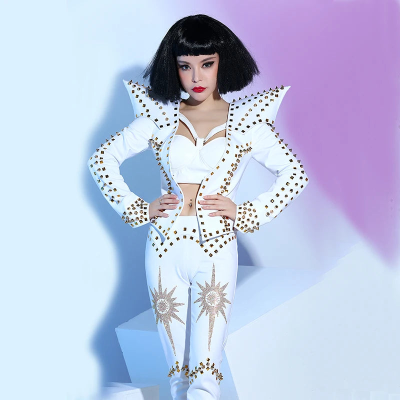 White Studded Punk Rivet Crop Jacket & Pants 2-Piece Singer Stage Costume Set