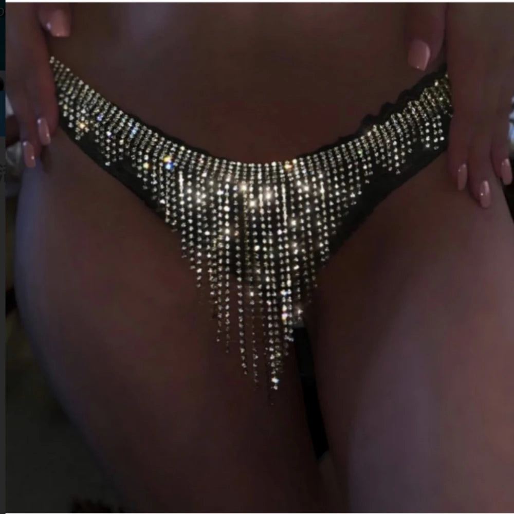 Geometric Rhinestone Tassel Thong Body Chain – Luxury Crystal Lingerie & Shimmering Waist Harness for Raves, Festivals & Beachwear