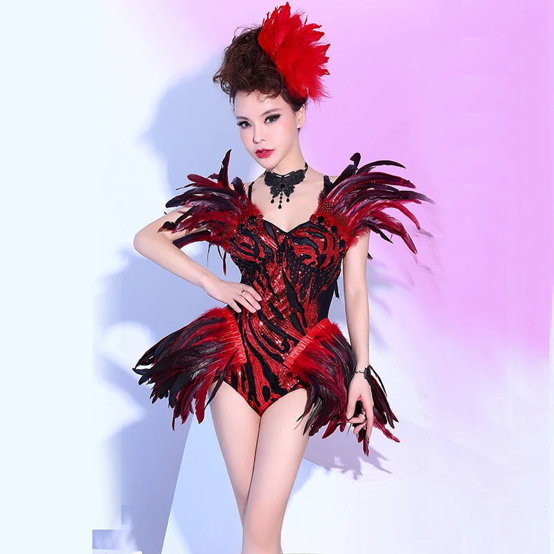 Scarlet Cabaret Red Feather Bodysuit & Showgirl Headpiece Stage Costume Set