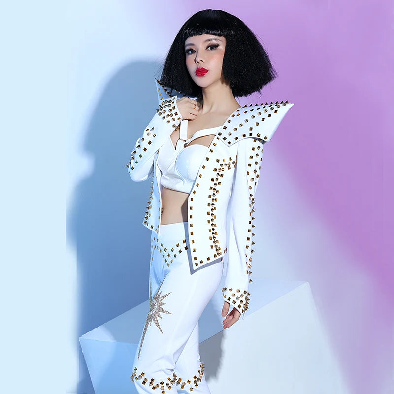 White Studded Punk Rivet Crop Jacket & Pants 2-Piece Singer Stage Costume Set