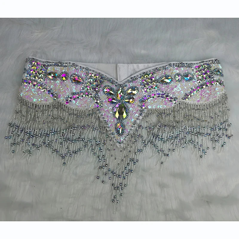 Sparkly Sequin Belly Dance Hip Scarf Wrap Belt with Beaded Tassel Waist Chain